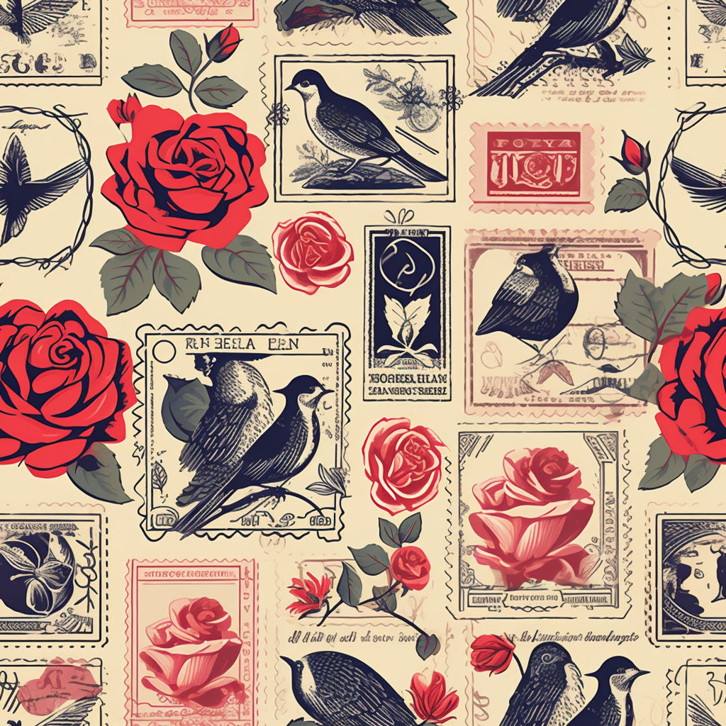 vintage stamps, postage stamps, red roses, black birds, ravens, cream background, beige, coral pink, botanical flowers, romantic pattern,, fabric panel, vintage style, love theme, floral motifs, bird illustrations, stamp collection, rose blooms, antique aesthetic, nostalgic design