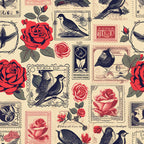 vintage stamps, postage stamps, red roses, black birds, ravens, cream background, beige, coral pink, botanical flowers, romantic pattern,, fabric panel, vintage style, love theme, floral motifs, bird illustrations, stamp collection, rose blooms, antique aesthetic, nostalgic design