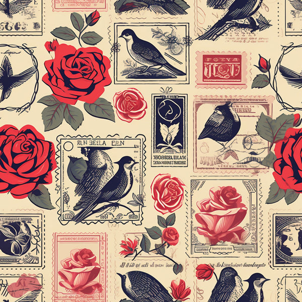 vintage stamps, postage stamps, red roses, black birds, ravens, cream background, beige, coral pink, botanical flowers, romantic pattern,, fabric panel, vintage style, love theme, floral motifs, bird illustrations, stamp collection, rose blooms, antique aesthetic, nostalgic design
