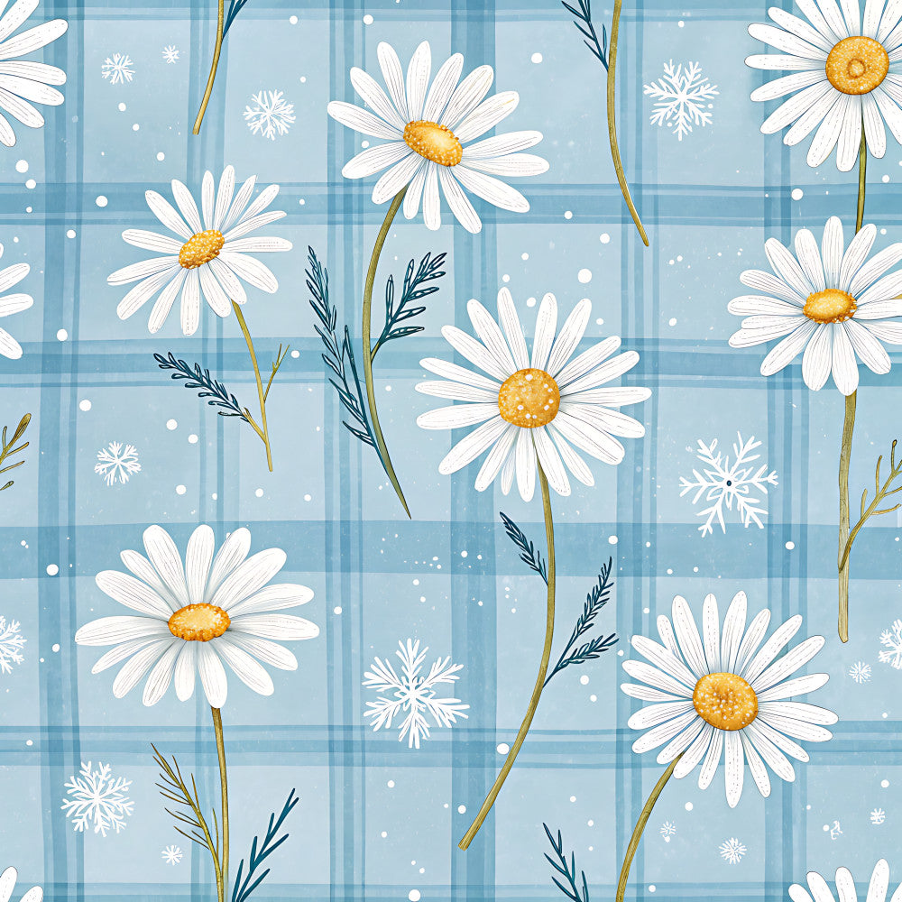 sky blue, white daisies, yellow centers, snowflakes, winter, floral, plaid, gingham, nature, whimsical, delicate, cheerful, botanical, seasonal, cold weather, frost, winter wonderland, daisy flowers, blue plaid, white snowflakes, nursery, kids room, playroom, spring florals, feminine, soft, sweet, pastoral, cottage style, gentle