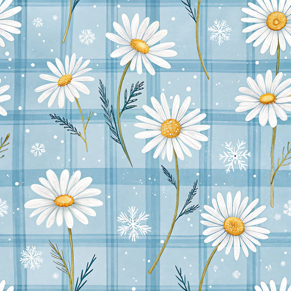 sky blue, white daisies, yellow centers, snowflakes, winter, floral, plaid, gingham, nature, whimsical, delicate, cheerful, botanical, seasonal, cold weather, frost, winter wonderland, daisy flowers, blue plaid, white snowflakes, nursery, kids room, playroom, spring florals, feminine, soft, sweet, pastoral, cottage style, gentle