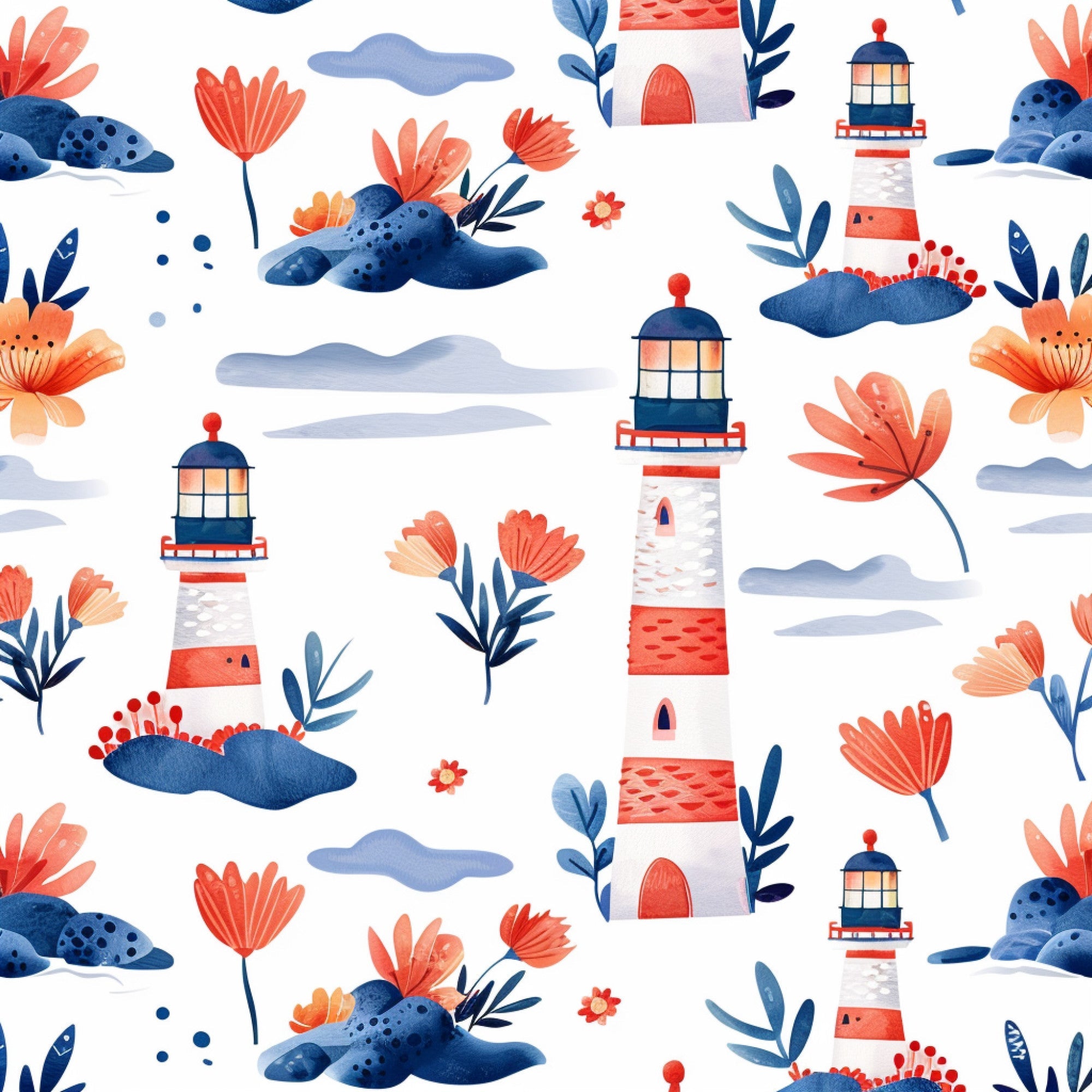 lighthouse, coral flowers, navy blue, red stripes, watercolor style, coastal theme, botanical elements,, fabric panel, spring pattern, maritime design, floral motifs, blue clouds, coral petals, nautical scene, repeating pattern, soft pastels, ocean inspired, cottage core, whimsical illustration