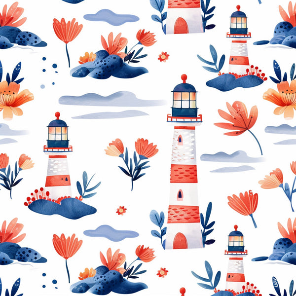 lighthouse, coral flowers, navy blue, red stripes, watercolor style, coastal theme, botanical elements,, fabric panel, spring pattern, maritime design, floral motifs, blue clouds, coral petals, nautical scene, repeating pattern, soft pastels, ocean inspired, cottage core, whimsical illustration