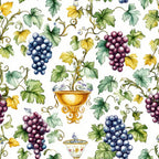 watercolor grapes, vineyard pattern, purple grapes, blue grapes, green leaves, yellow leaves, grapevines, ornate chalice, wine cup, botanical illustration, harvest theme, fruit motif,, fabric panel, white background, decorative vessels, autumn colors, wine country, artistic watercolor, repeating pattern
