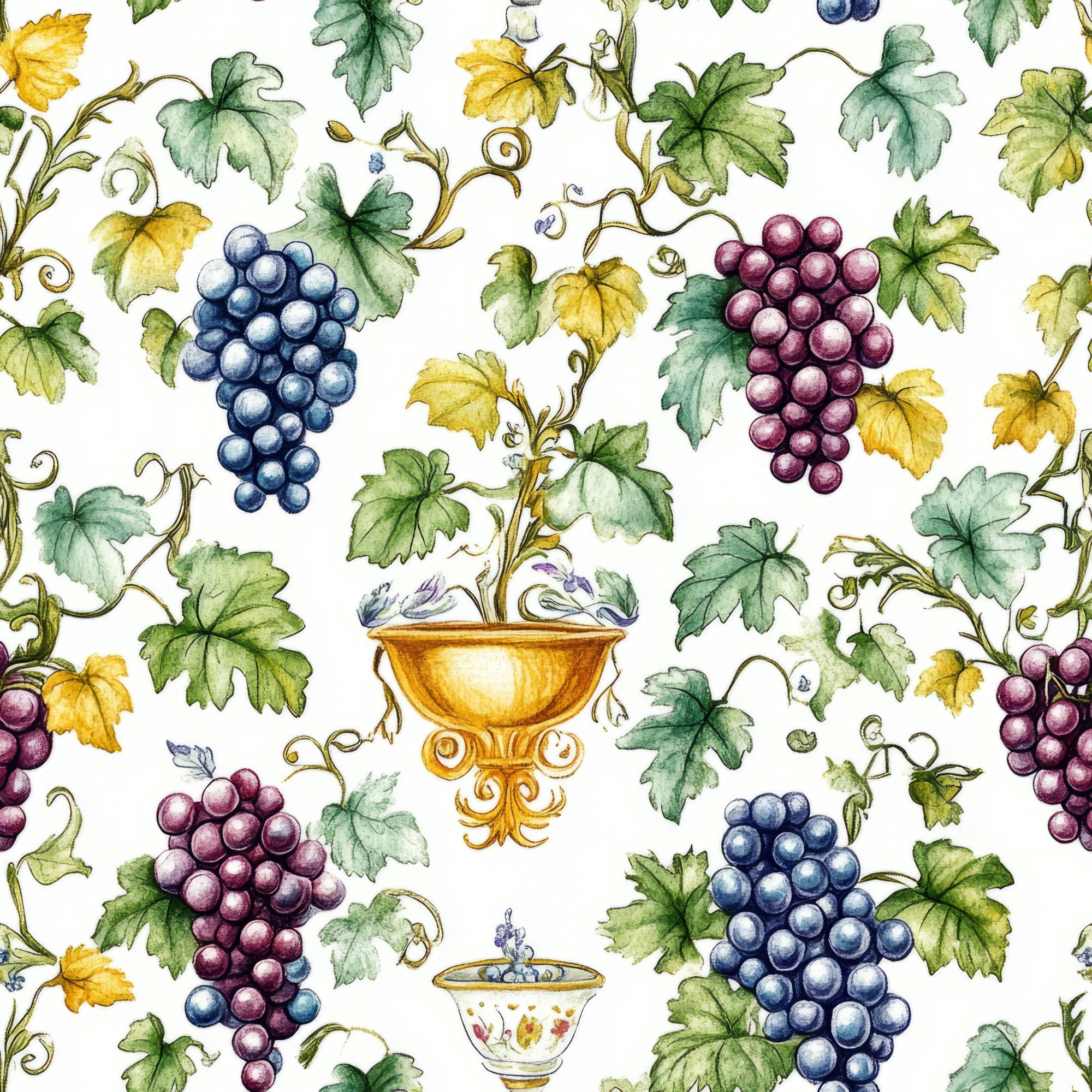 watercolor grapes, vineyard pattern, purple grapes, blue grapes, green leaves, yellow leaves, grapevines, ornate chalice, wine cup, botanical illustration, harvest theme, fruit motif,, fabric panel, white background, decorative vessels, autumn colors, wine country, artistic watercolor, repeating pattern