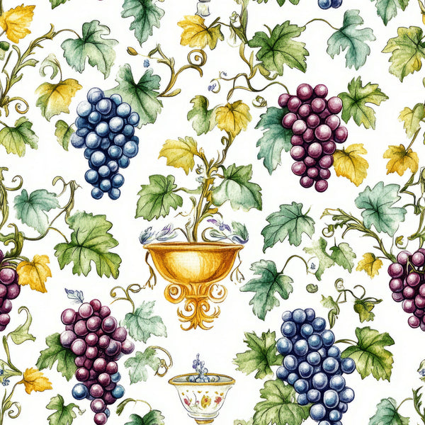 watercolor grapes, vineyard pattern, purple grapes, blue grapes, green leaves, yellow leaves, grapevines, ornate chalice, wine cup, botanical illustration, harvest theme, fruit motif,, fabric panel, white background, decorative vessels, autumn colors, wine country, artistic watercolor, repeating pattern