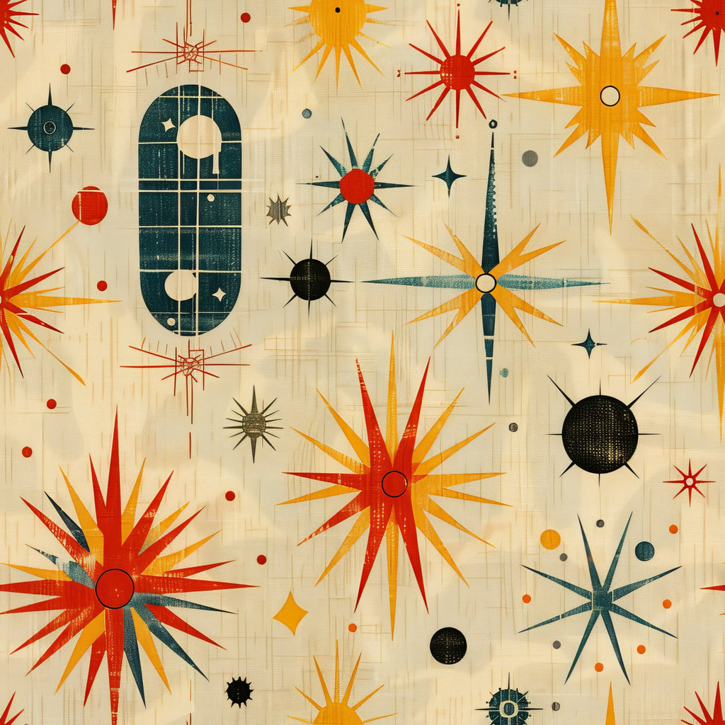 retro starburst, mid-century modern, atomic age, sunburst pattern, geometric shapes, orange, red, teal, yellow, black, cream background, starburst motifs, radiating lines, celestial design, vintage inspired,, fabric panel, modernist style, space age, decorative circles