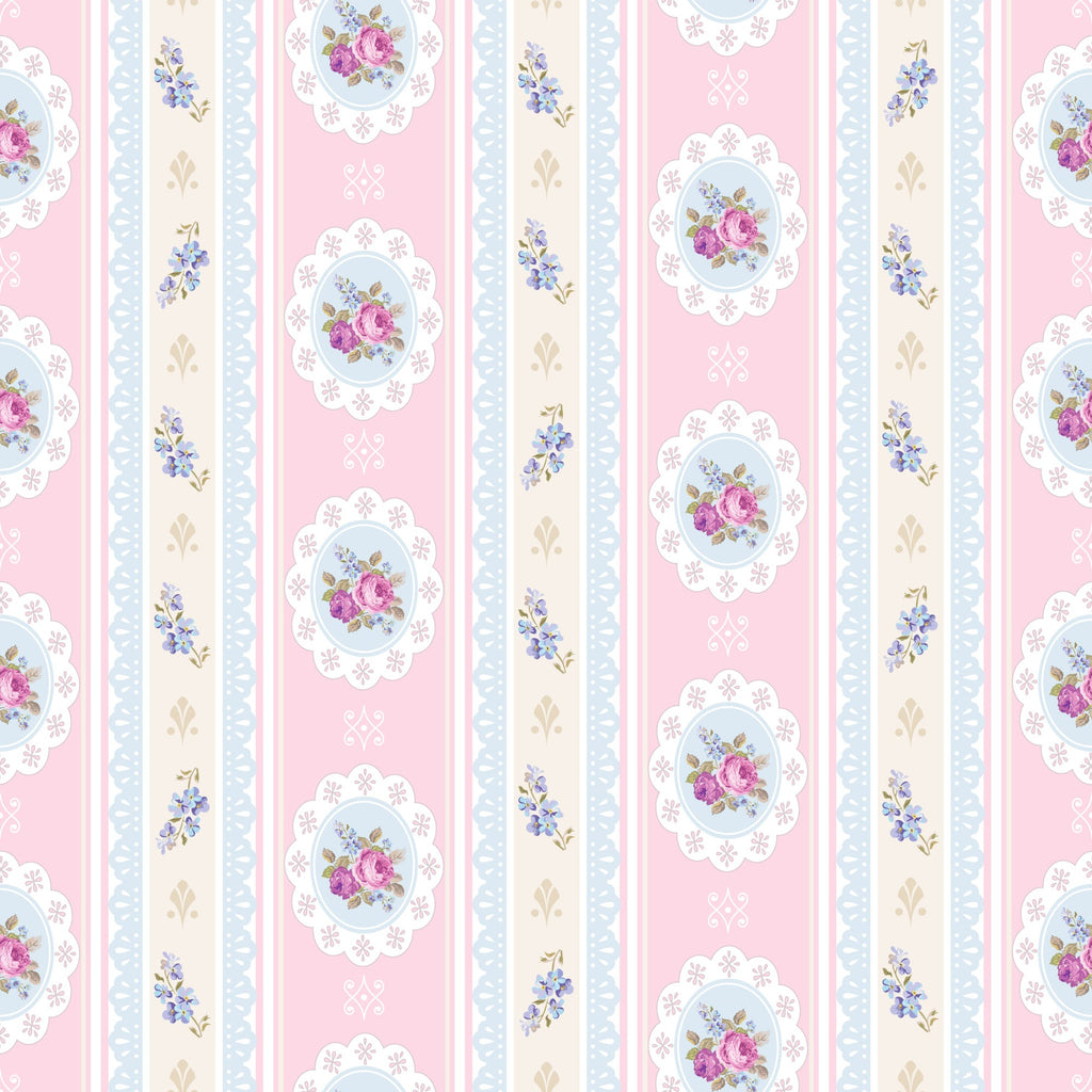 pink, cream, blue, floral, roses, tea party, vintage style, cottage core, shabby chic, stripes, medallions,, fabric panel, feminine, pastel colors, romantic, delicate flowers, scalloped edges, repeating pattern, soft pastels