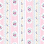 pink, cream, blue, floral, roses, tea party, vintage style, cottage core, shabby chic, stripes, medallions,, fabric panel, feminine, pastel colors, romantic, delicate flowers, scalloped edges, repeating pattern, soft pastels
