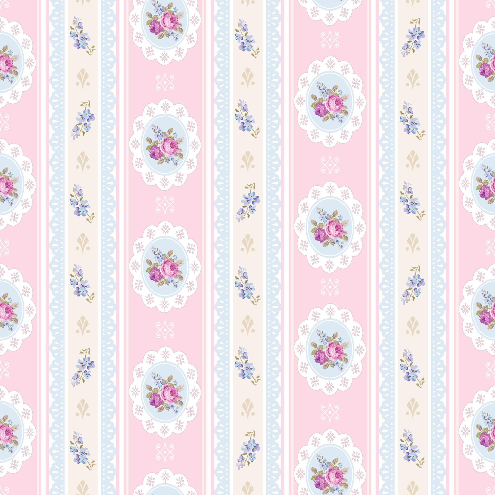 pink, cream, blue, floral, roses, tea party, vintage style, cottage core, shabby chic, stripes, medallions,, fabric panel, feminine, pastel colors, romantic, delicate flowers, scalloped edges, repeating pattern, soft pastels