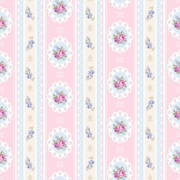 pink, cream, blue, floral, roses, tea party, vintage style, cottage core, shabby chic, stripes, medallions,, fabric panel, feminine, pastel colors, romantic, delicate flowers, scalloped edges, repeating pattern, soft pastels