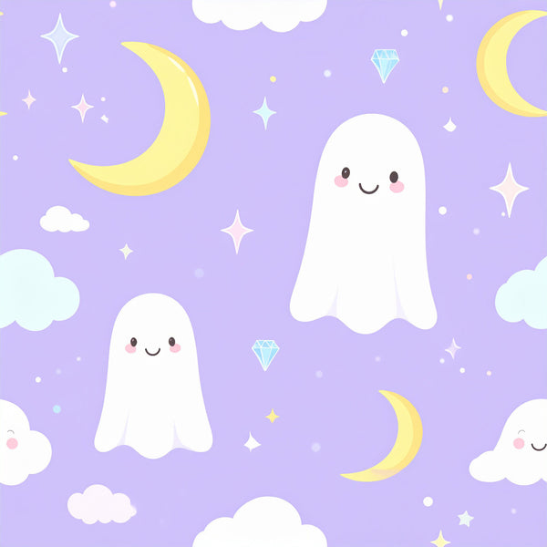 lavender purple, soft purple, pale yellow, white, pastel colors, celestial, night sky, moon, stars, clouds, ghosts, cute ghosts, smiling faces, diamonds, whimsical, magical, dreamy, nursery, baby room, kids room, playroom, gender neutral, sweet, friendly, moon and stars, cloud motifs, sparkly, nighttime theme, toddler, baby shower