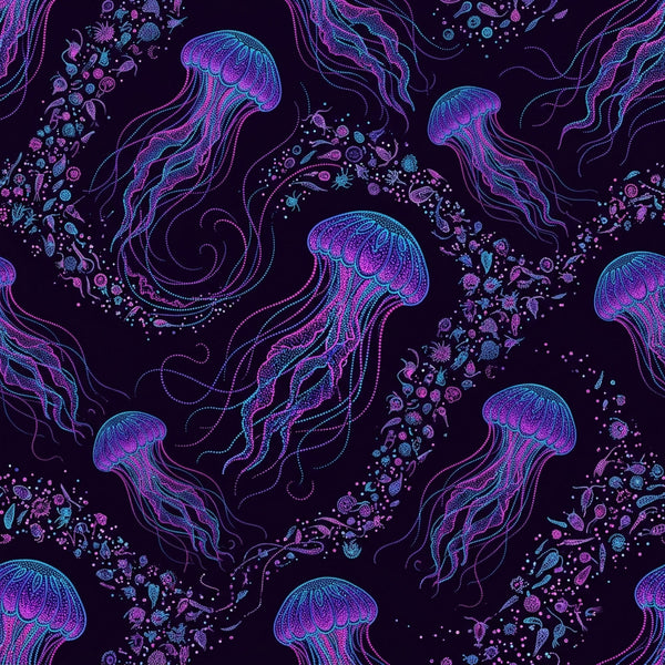 neon pink, electric purple, cyan blue, magenta, neon colors, glow in the dark, jellyfish, ocean creatures, marine life, bioluminescent, underwater, glowing, neon, celestial, mystical, futuristic, modern, bohemian, whimsical, cosmic, magical, psychedelic, trippy, night sky, deep purple background, iridescent, glow effect, kids, playroom, nursery