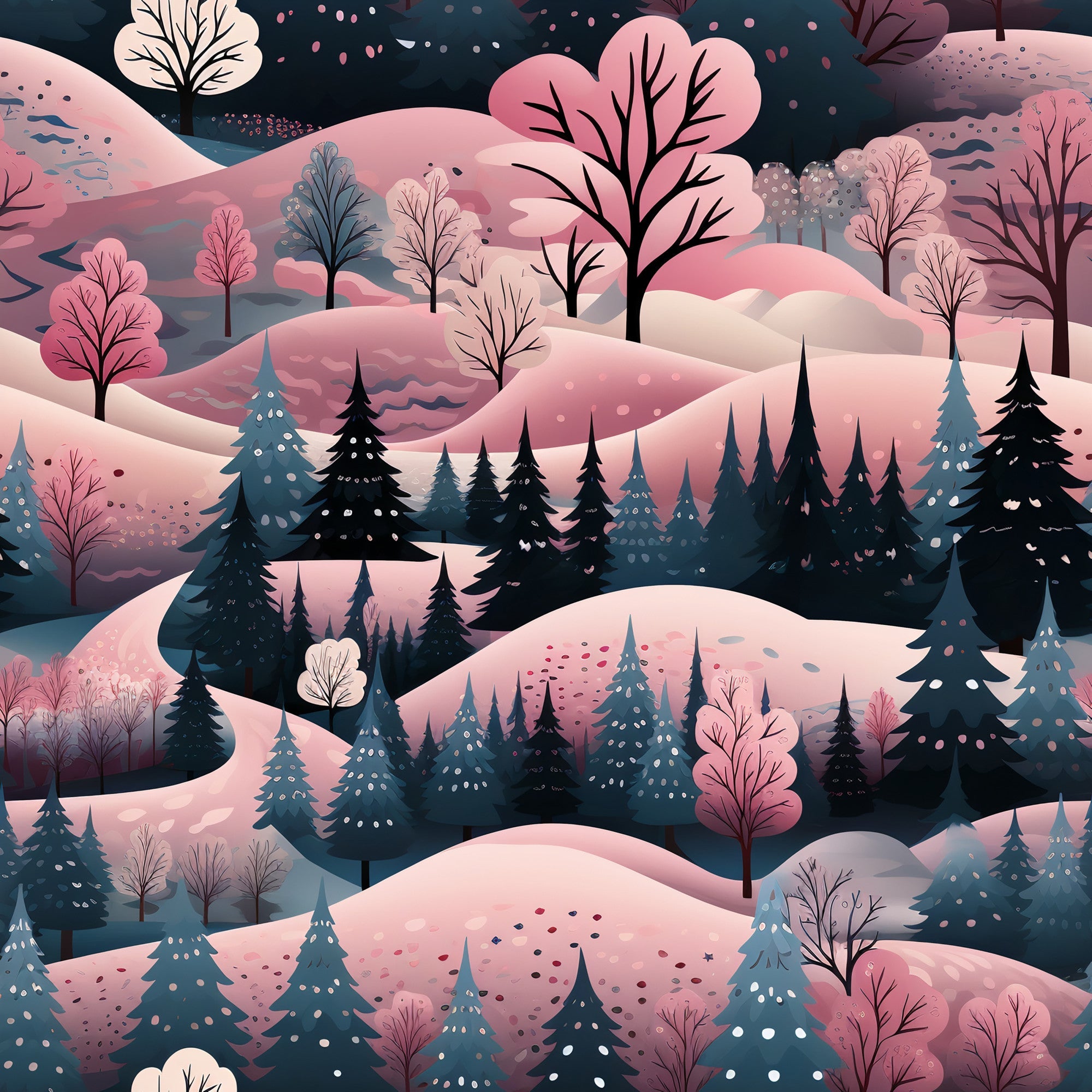 pink, coral, teal, navy, cream, winter landscape, snow covered hills, evergreen trees, deciduous trees, falling snow, rolling hills, forest scene, whimsical illustration, dreamy aesthetic,, fabric panel, christmas themed, winter wonderland, stylized trees, layered composition