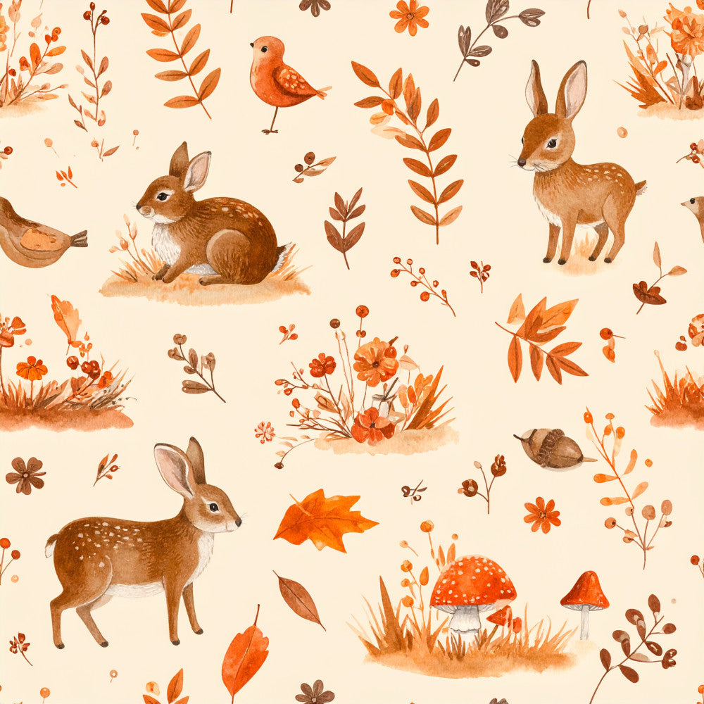 autumn, fall, woodland, forest animals, nature, whimsical, rustic, cottage core, farmhouse, children's, kids, nursery, playroom, baby, warm tones, burnt orange, terracotta, rust, brown, cream, beige, rabbits, deer, birds, mushrooms, leaves, flowers, botanicals, folk art, vintage