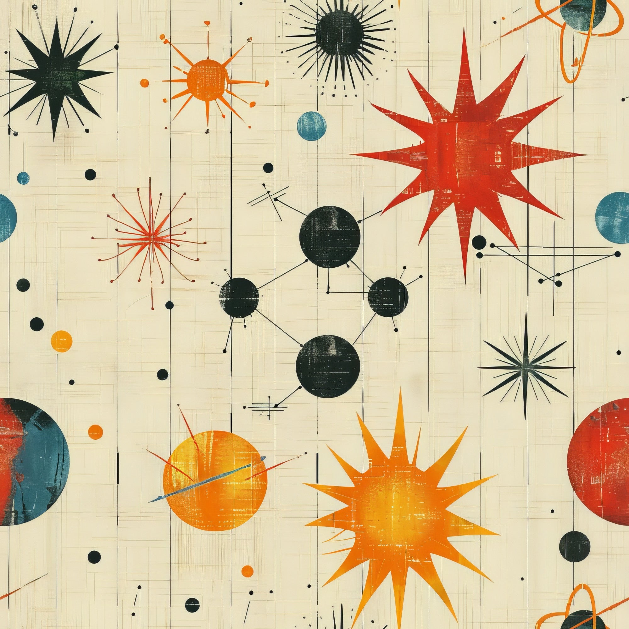 orange, red, teal, black, cream, beige, starburst, atomic, mid-century modern, retro, geometric, circles, spheres, radiating lines, space age, vintage,, fabric panel, 1950s style, modern design