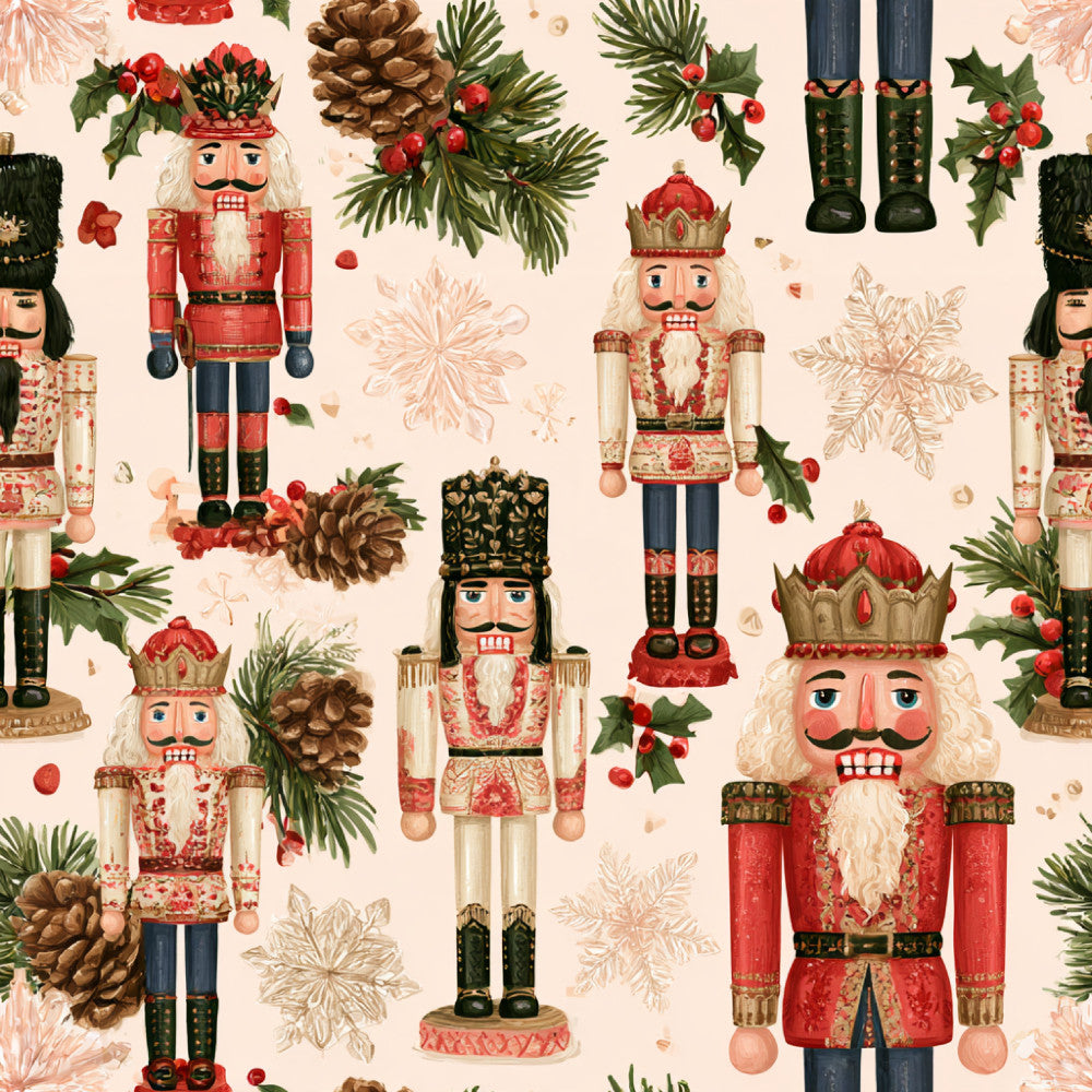 nutcracker, holiday, christmas, traditional, festive, whimsical, red, cream, forest green, gold, pine cones, holly berries, evergreen branches, snowflakes, vintage, elegant, classical, toy soldiers, crowns, decorative, winter, children's, kids room, playroom, novelty, ornamental, beige, dark green