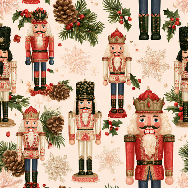 nutcracker, holiday, christmas, traditional, festive, whimsical, red, cream, forest green, gold, pine cones, holly berries, evergreen branches, snowflakes, vintage, elegant, classical, toy soldiers, crowns, decorative, winter, children's, kids room, playroom, novelty, ornamental, beige, dark green