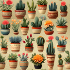 retro cactus,, fabric panel, succulent plants, desert plants, decorative pots, terra cotta planters, coral pink, sage green, burnt orange, cream background, southwestern style, botanical pattern, potted plants, flowering cacti, geometric pottery, vintage illustration, repetitive design, crafting fabric, sewing material