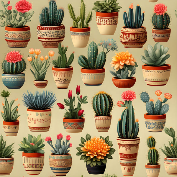 retro cactus,, fabric panel, succulent plants, desert plants, decorative pots, terra cotta planters, coral pink, sage green, burnt orange, cream background, southwestern style, botanical pattern, potted plants, flowering cacti, geometric pottery, vintage illustration, repetitive design, crafting fabric, sewing material