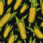yellow corn, golden kernels, green husks, corn cobs, vegetable pattern, harvest theme, farm produce, botanical design, food illustration, black background,, fabric panel, autumn harvest, agricultural motif, realistic corn, scattered pattern, vibrant yellow, leaf green, farming theme, garden vegetables