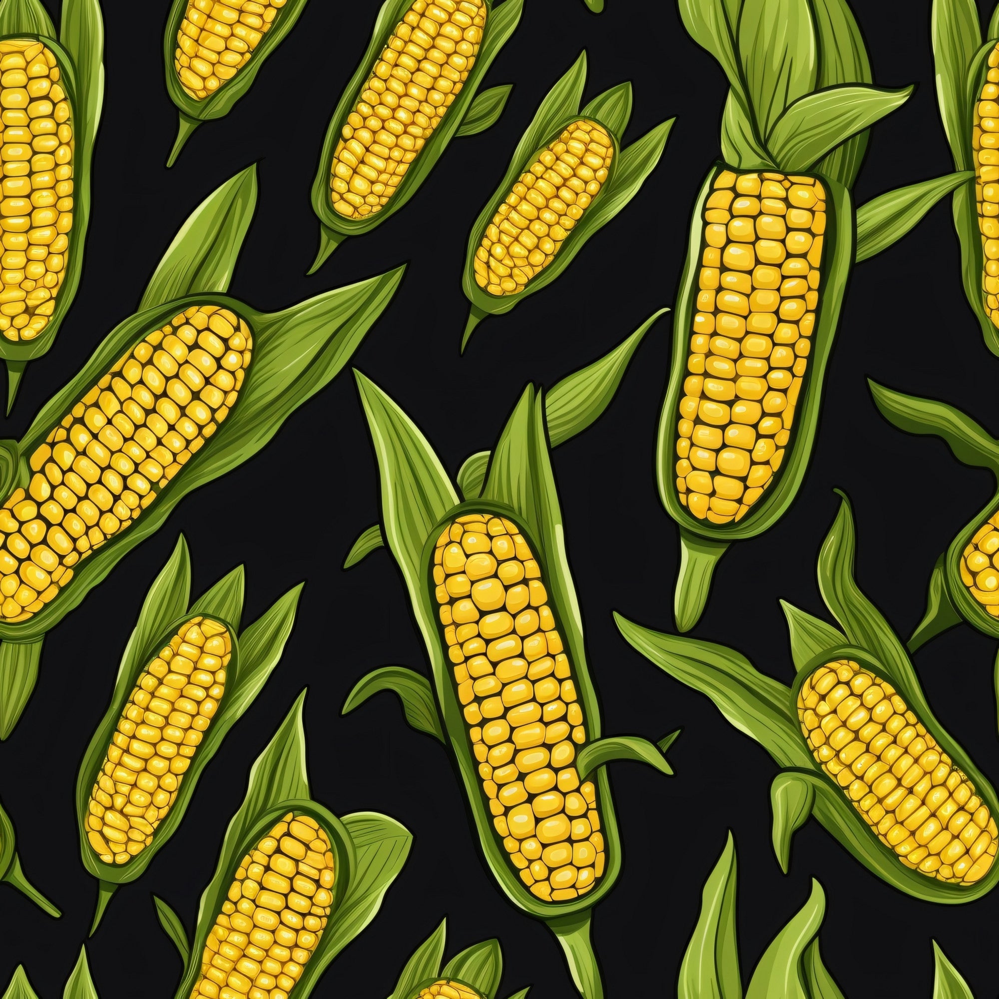 yellow corn, golden kernels, green husks, corn cobs, vegetable pattern, harvest theme, farm produce, botanical design, food illustration, black background,, fabric panel, autumn harvest, agricultural motif, realistic corn, scattered pattern, vibrant yellow, leaf green, farming theme, garden vegetables
