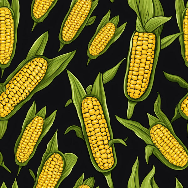 yellow corn, golden kernels, green husks, corn cobs, vegetable pattern, harvest theme, farm produce, botanical design, food illustration, black background,, fabric panel, autumn harvest, agricultural motif, realistic corn, scattered pattern, vibrant yellow, leaf green, farming theme, garden vegetables