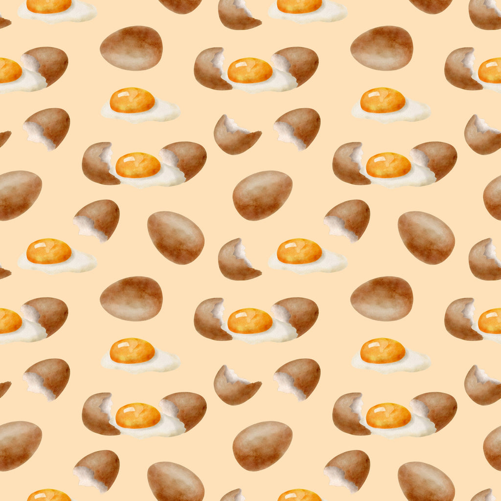 watercolor eggs, fried eggs, eggshells, breakfast food, cooking pattern, peach background, orange yolks, brown shells, white egg whites, food illustration, kitchen theme, culinary design, baking motif, repeating pattern,, fabric panel, soft pastels, morning meal, cooking ingredients, watercolor style