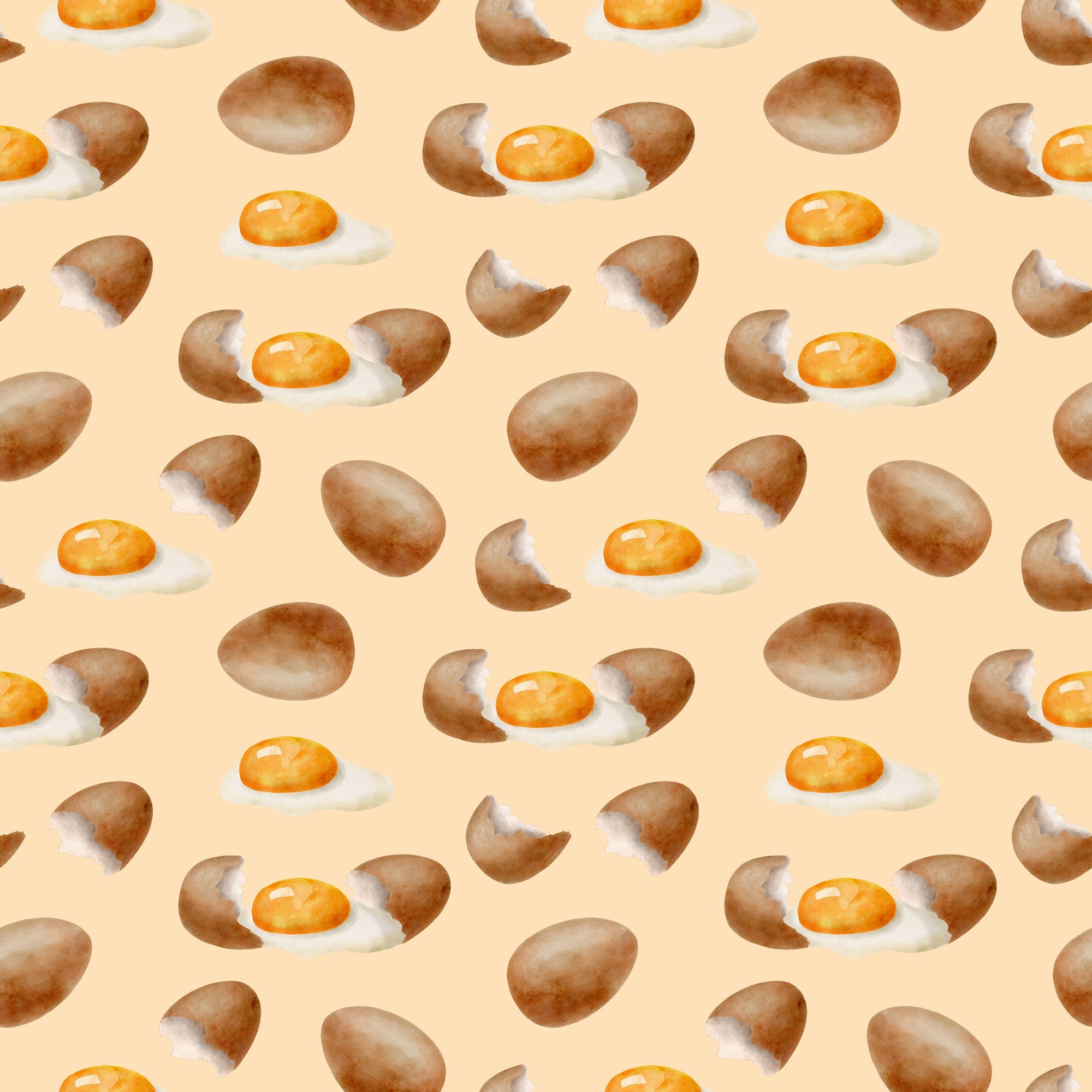 watercolor eggs, fried eggs, eggshells, breakfast food, cooking pattern, peach background, orange yolks, brown shells, white egg whites, food illustration, kitchen theme, culinary design, baking motif, repeating pattern,, fabric panel, soft pastels, morning meal, cooking ingredients, watercolor style