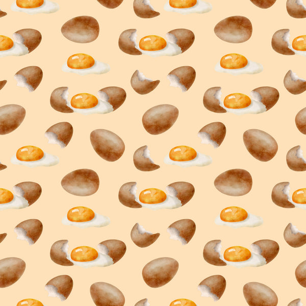 watercolor eggs, fried eggs, eggshells, breakfast food, cooking pattern, peach background, orange yolks, brown shells, white egg whites, food illustration, kitchen theme, culinary design, baking motif, repeating pattern,, fabric panel, soft pastels, morning meal, cooking ingredients, watercolor style