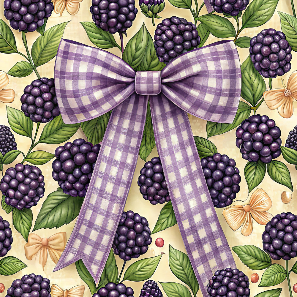 purple blackberry, lavender gingham, cream background, berry themed, gingham plaid, bow ribbon, fruit pattern, nature inspired, vintage style, cottage core, farmhouse aesthetic, botanical design, berries and flowers, purple and white checkered, spring themed, summer garden, elegant bows, whimsical nature, traditional floral, peach flowers, green leaves, delicate botanical, rustic farmhouse, garden inspired, country style, nursery décor, playroom design, kid's room, charming pattern, detailed illustration