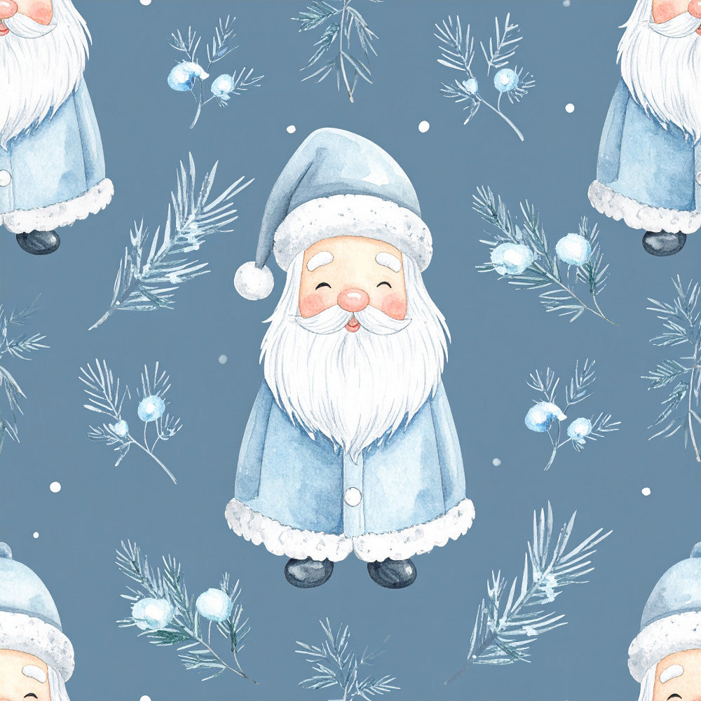 slate blue, dusty blue, white, cream, rosy cheeks, gnome, santa, christmas, holiday, winter, whimsical, cute, festive, evergreen branches, pine needles, berries, snowflakes, gentle, soft, traditional, nostalgic, nursery, kids room, baby shower, playroom, vintage christmas, scandinavian, folk art, bearded character, cheerful