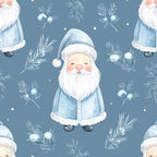 slate blue, dusty blue, white, cream, rosy cheeks, gnome, santa, christmas, holiday, winter, whimsical, cute, festive, evergreen branches, pine needles, berries, snowflakes, gentle, soft, traditional, nostalgic, nursery, kids room, baby shower, playroom, vintage christmas, scandinavian, folk art, bearded character, cheerful