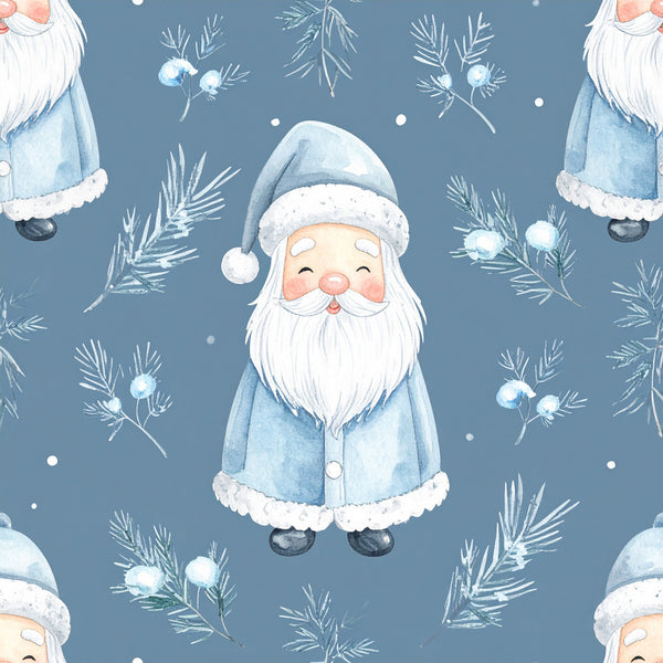 slate blue, dusty blue, white, cream, rosy cheeks, gnome, santa, christmas, holiday, winter, whimsical, cute, festive, evergreen branches, pine needles, berries, snowflakes, gentle, soft, traditional, nostalgic, nursery, kids room, baby shower, playroom, vintage christmas, scandinavian, folk art, bearded character, cheerful
