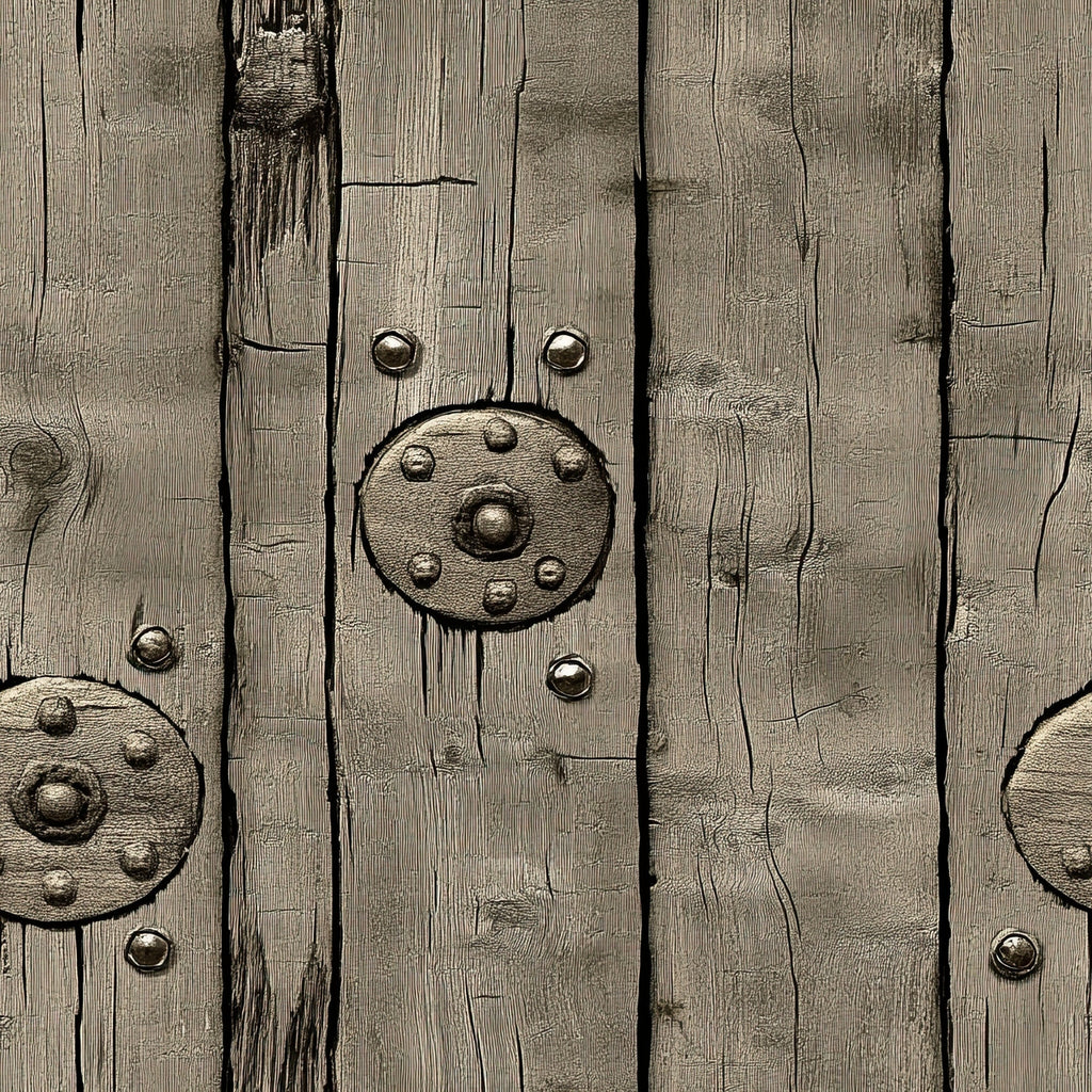 weathered wood, aged planks, rustic brown, taupe, beige, metal studs, circular medallions, distressed texture, barn wood, western theme, vintage finish, wood grain, metallic accents, rustic hardware, frontier style, antiqued surface,, fabric panel, cowboy aesthetic, old west