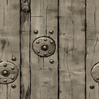 weathered wood, aged planks, rustic brown, taupe, beige, metal studs, circular medallions, distressed texture, barn wood, western theme, vintage finish, wood grain, metallic accents, rustic hardware, frontier style, antiqued surface,, fabric panel, cowboy aesthetic, old west