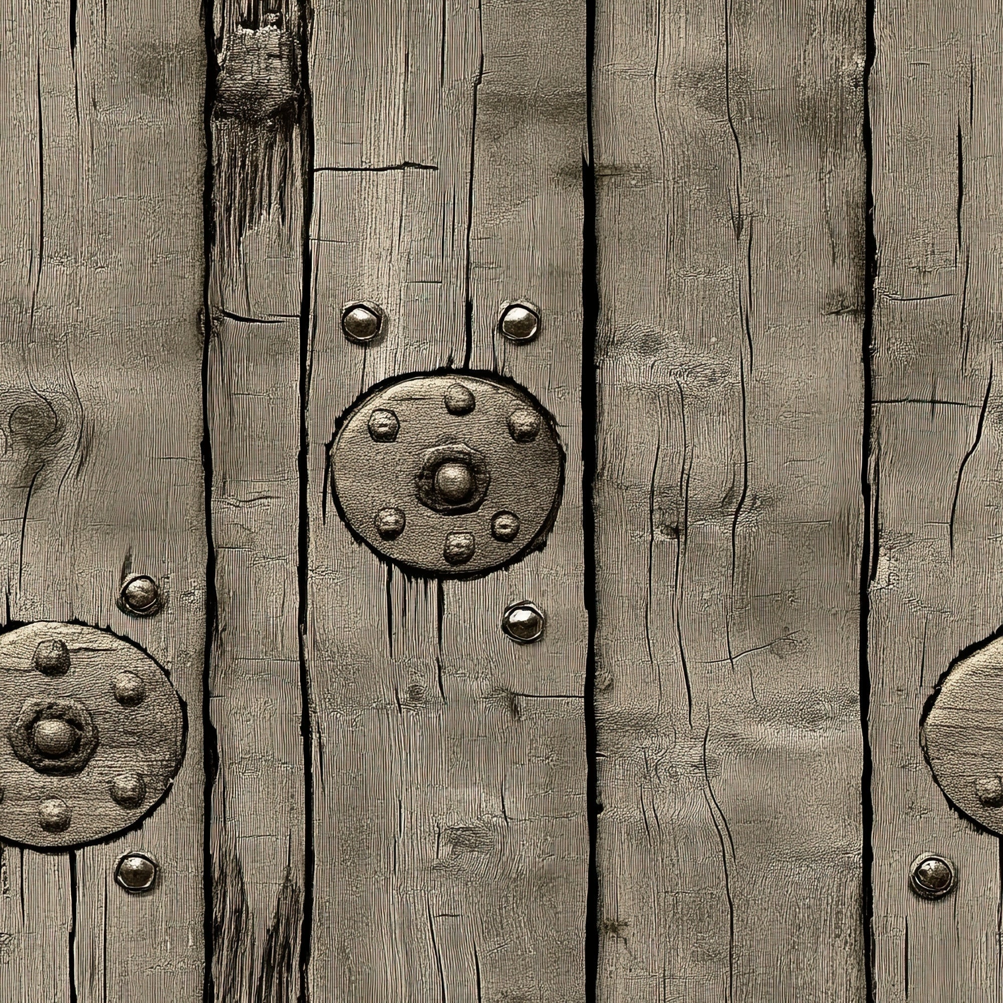 weathered wood, aged planks, rustic brown, taupe, beige, metal studs, circular medallions, distressed texture, barn wood, western theme, vintage finish, wood grain, metallic accents, rustic hardware, frontier style, antiqued surface,, fabric panel, cowboy aesthetic, old west