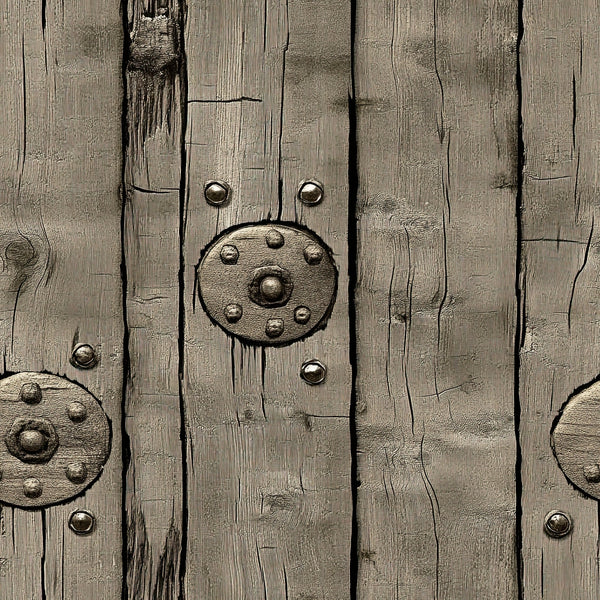 weathered wood, aged planks, rustic brown, taupe, beige, metal studs, circular medallions, distressed texture, barn wood, western theme, vintage finish, wood grain, metallic accents, rustic hardware, frontier style, antiqued surface,, fabric panel, cowboy aesthetic, old west