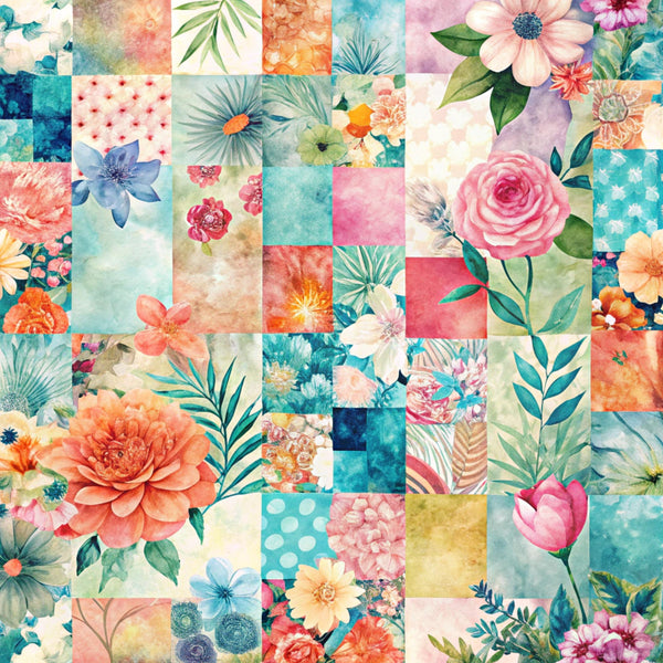 spring patchwork,, fabric panel, floral motifs, watercolor style, coral pink, turquoise blue, sage green, peach orange, lavender purple, botanical elements, roses, dahlias, tropical leaves, geometric squares, mixed patterns, soft pastels, bright florals, nature inspired, garden flowers