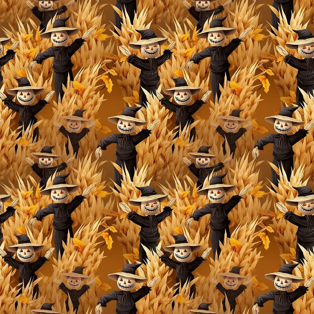 scarecrows, pumpkin heads, autumn harvest, corn stalks, golden yellow, burnt orange, black clothing, witch hats, grinning faces, spooky smiles, halloween theme, fall season,, fabric panel, repeating pattern, harvest scene, orange background, seasonal motif, creepy characters, autumn colors