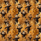 scarecrows, pumpkin heads, autumn harvest, corn stalks, golden yellow, burnt orange, black clothing, witch hats, grinning faces, spooky smiles, halloween theme, fall season,, fabric panel, repeating pattern, harvest scene, orange background, seasonal motif, creepy characters, autumn colors
