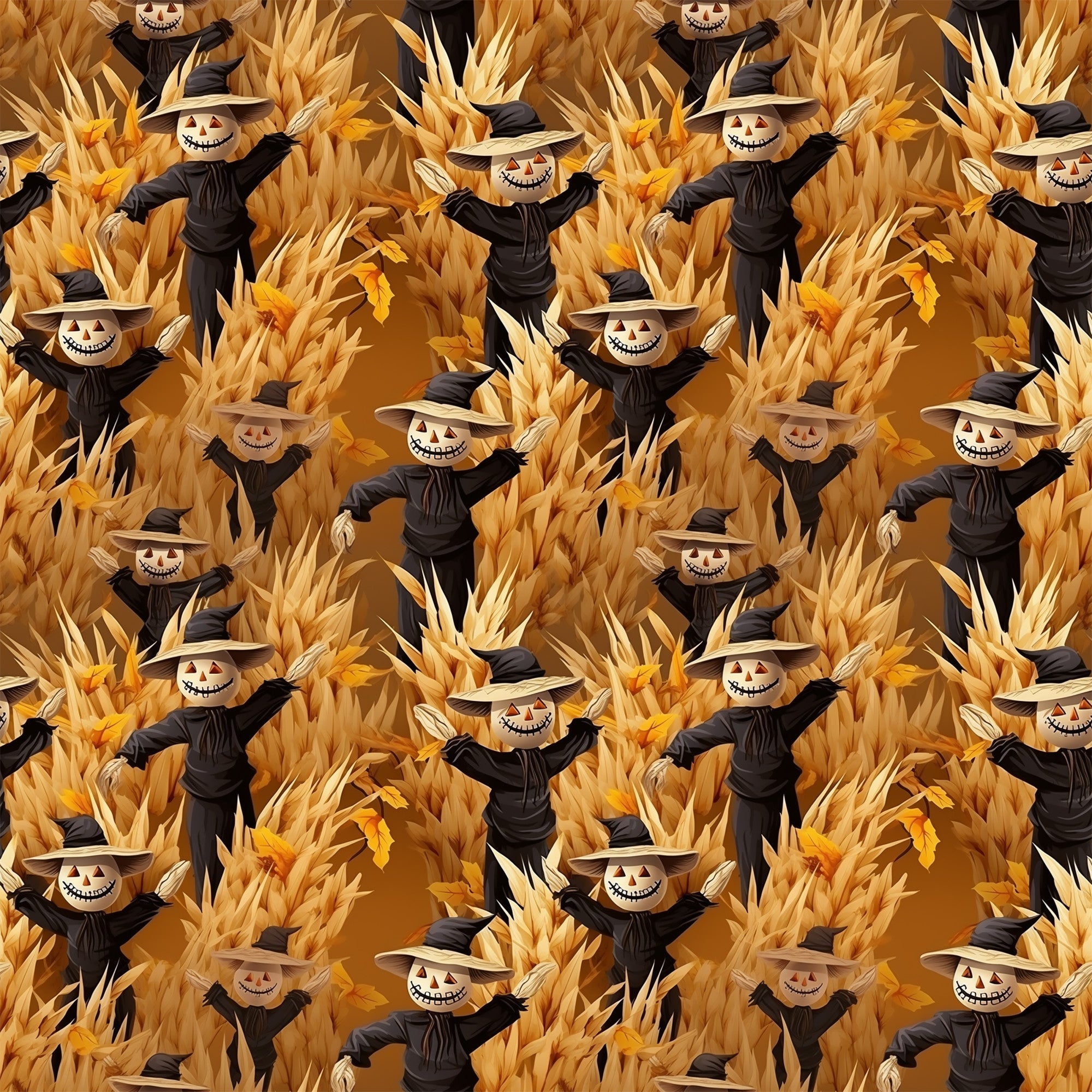 scarecrows, pumpkin heads, autumn harvest, corn stalks, golden yellow, burnt orange, black clothing, witch hats, grinning faces, spooky smiles, halloween theme, fall season,, fabric panel, repeating pattern, harvest scene, orange background, seasonal motif, creepy characters, autumn colors