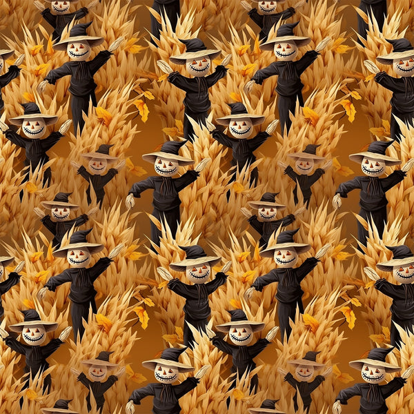 scarecrows, pumpkin heads, autumn harvest, corn stalks, golden yellow, burnt orange, black clothing, witch hats, grinning faces, spooky smiles, halloween theme, fall season,, fabric panel, repeating pattern, harvest scene, orange background, seasonal motif, creepy characters, autumn colors