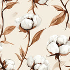 cotton bolls, botanical pattern, cream background, beige tones, brown stems, white fluffy cotton, natural fiber, plant illustration, repeating pattern, organic design, neutral colors, cotton branches, leaves, farmhouse style, agricultural theme,, fabric panel, raw white, country aesthetic, harvest motif