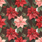 crimson red, coral pink, deep red, forest green, dark brown, poinsettia, floral, botanical, holiday, christmas, festive, nature, traditional, elegant, romantic, winter, evergreen, berries, leaves, pinecone, seasonal, gift, home decor, decorative, vibrant, rich colors, botanical print, holiday floral