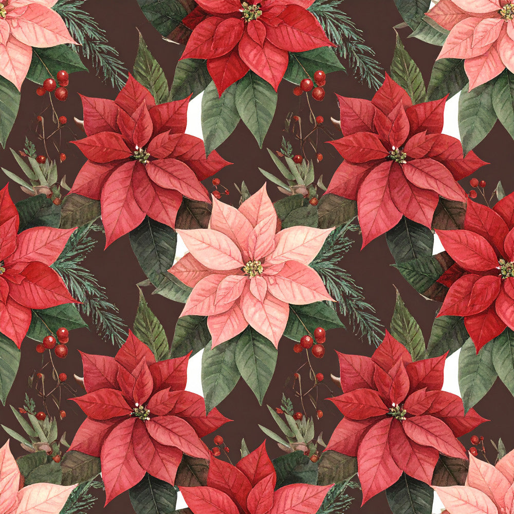 crimson red, coral pink, deep red, forest green, dark brown, poinsettia, floral, botanical, holiday, christmas, festive, nature, traditional, elegant, romantic, winter, evergreen, berries, leaves, pinecone, seasonal, gift, home decor, decorative, vibrant, rich colors, botanical print, holiday floral