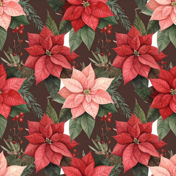 crimson red, coral pink, deep red, forest green, dark brown, poinsettia, floral, botanical, holiday, christmas, festive, nature, traditional, elegant, romantic, winter, evergreen, berries, leaves, pinecone, seasonal, gift, home decor, decorative, vibrant, rich colors, botanical print, holiday floral