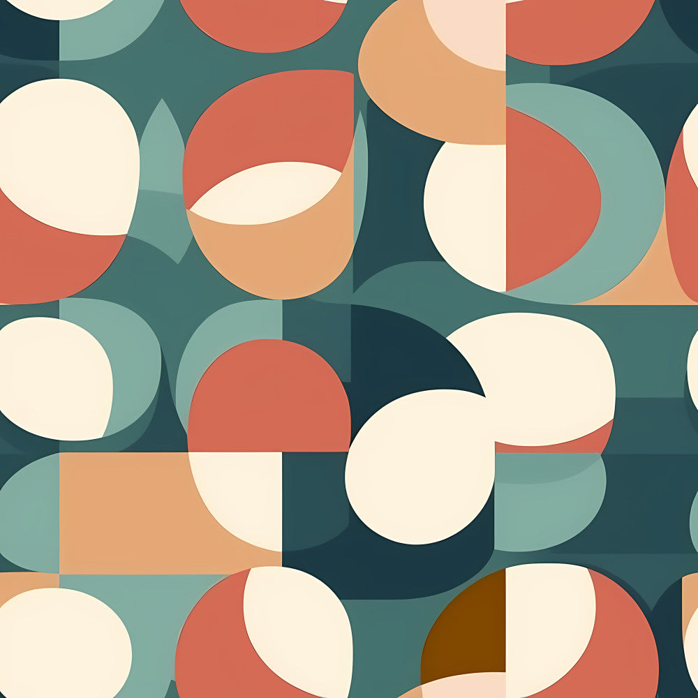 teal, cream, coral, peach, rust red, navy blue, burnt orange, geometric, abstract, modern, retro, mid-century, circles, semicircles, organic shapes, contemporary, minimalist, playroom, kids room, nursery, artistic, bold pattern, color block, bauhaus, scandinavian, vintage modern, statement design, eclectic, vibrant, sophisticated