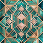 teal, emerald green, copper, rose gold, geometric pattern, art deco, diamond shapes, angular lines, symmetrical design, metallic accents, vintage style, luxurious, sophisticated,, fabric panel, repeating motif, ornamental, decorative borders, chevron elements, jewel tones