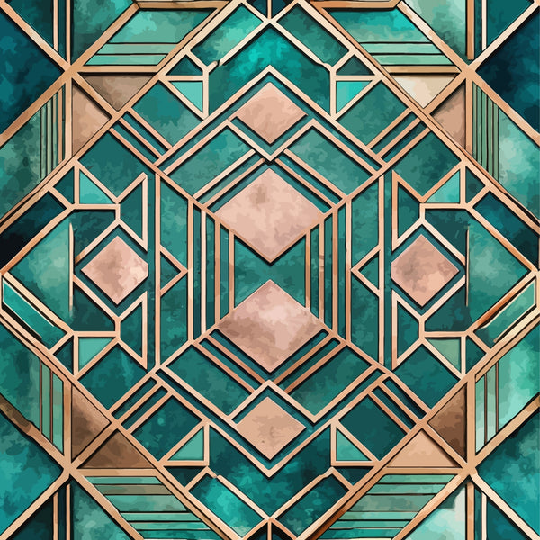 teal, emerald green, copper, rose gold, geometric pattern, art deco, diamond shapes, angular lines, symmetrical design, metallic accents, vintage style, luxurious, sophisticated,, fabric panel, repeating motif, ornamental, decorative borders, chevron elements, jewel tones
